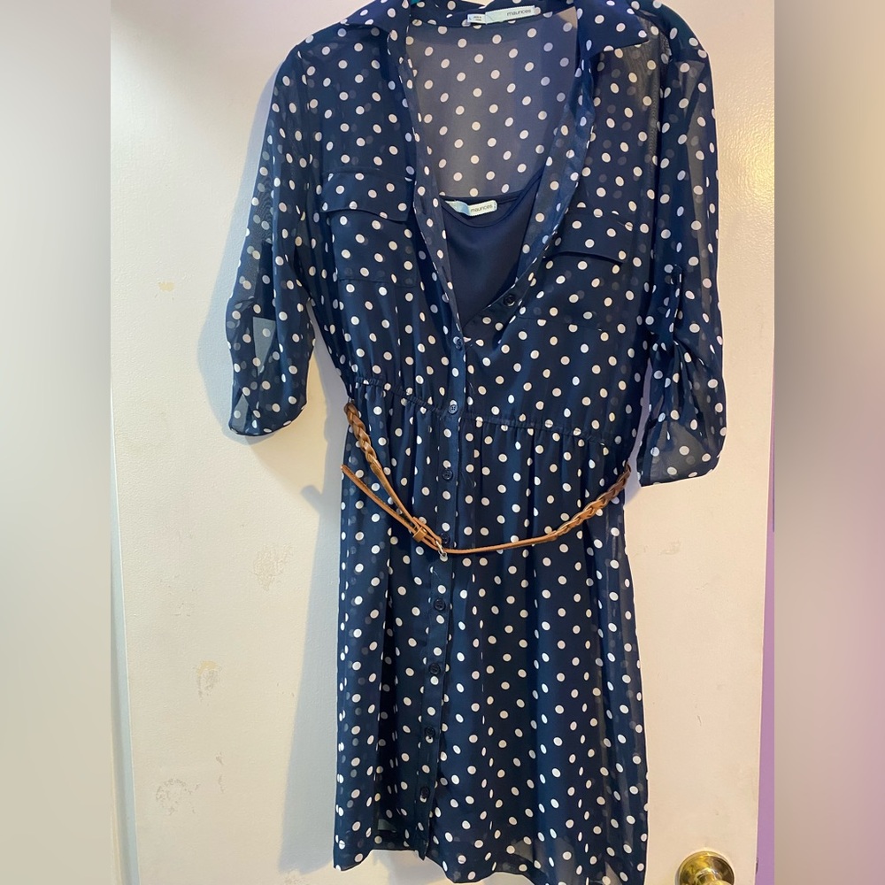 Maurices Blue and White Wrap Dress with Cuffed Sleeves